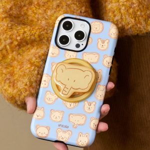 Animal Crackers iPhone case displayed with its golden elephant grip
