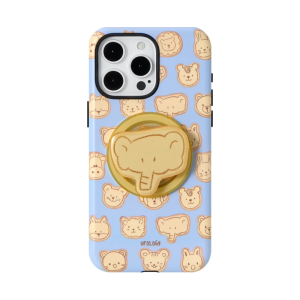 Animal Crackers iPhone case in pale blue with an elephant-biscuit magnetic holder