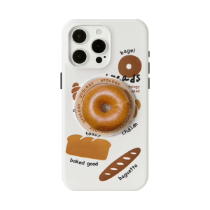 Bagel iPhone case in cream with bakery doodles and a golden bagel magnetic holder