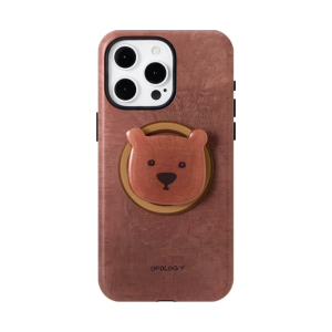 Bear iPhone case in reddish brown with a moulded bear-head magnetic holder