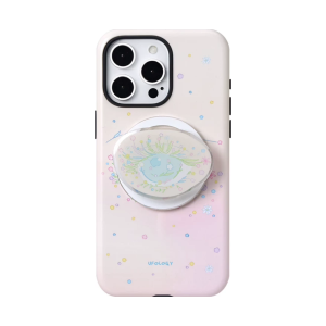Blue eye iPhone case in pale blush with a clear magnetic holder over the flower-lashed eye