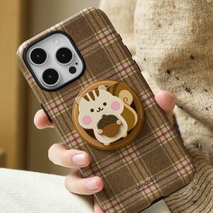 Brown tartan chipmunk case held against a cream knitted sweater, holder attached