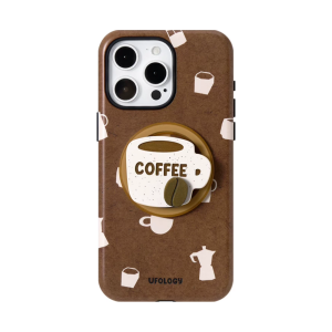 Coffee iPhone case in deep brown with a takeaway-cup magnetic holder mounted on the back