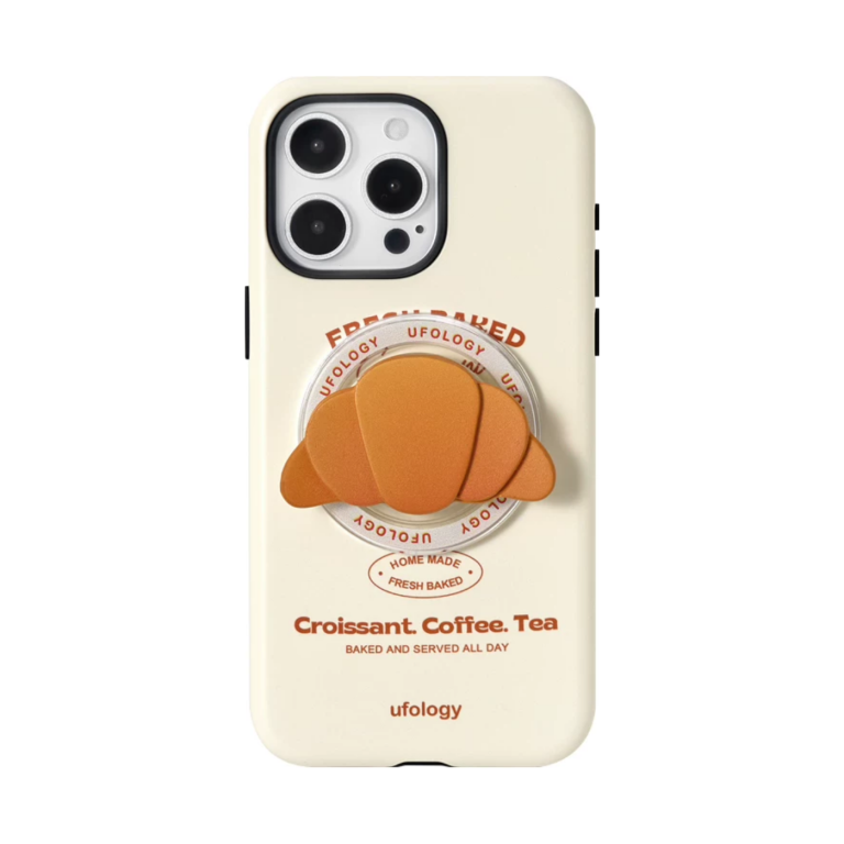 Croissant iPhone case in oat cream with a molded croissant magnetic holder attached