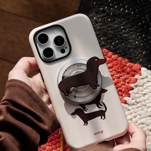 Dachshund iPhone case with its magnetic dog holder on a woven rug