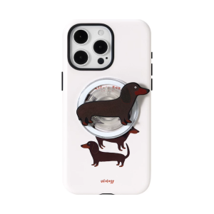 Dachshund iPhone case in off-white with a sausage-dog magnetic holder