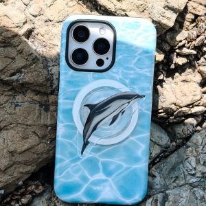 Turquoise dolphin case resting against a sunlit rock face, holder attached
