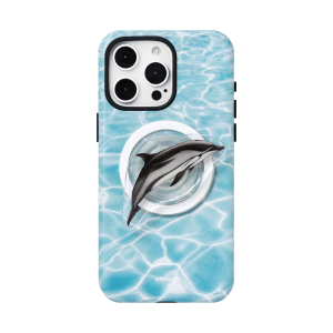 Dolphin iPhone case in turquoise pool water with a clear magnetic holder mounted on the back