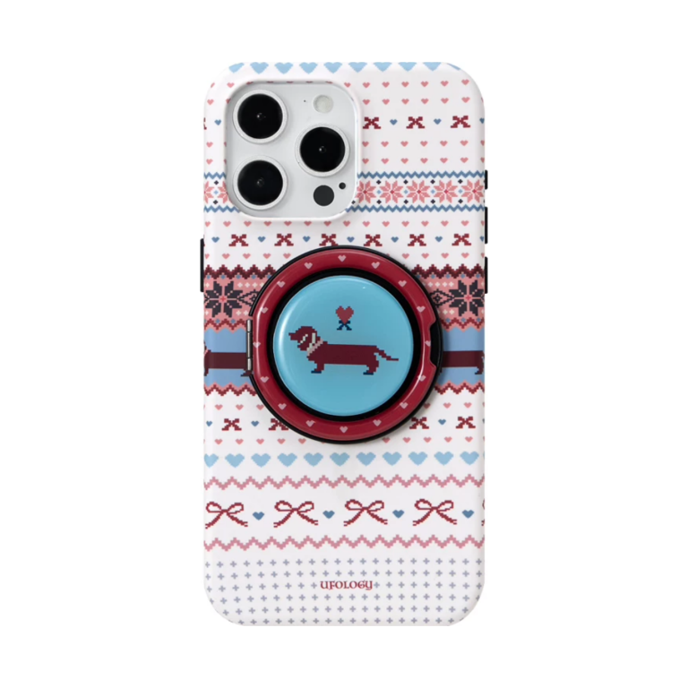 Fair isle iPhone case in red and blue knit pattern with a pixel dachshund magnetic holder