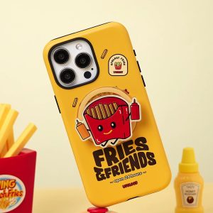 French Fries iPhone case with its magnetic holder in a diner-style setting