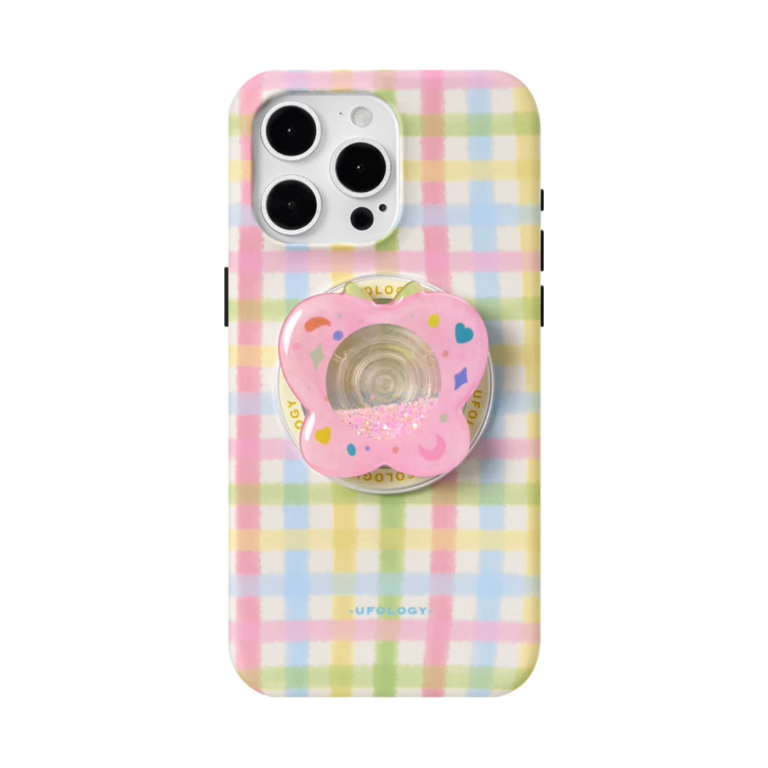 Gingham iPhone case in pastel painted check with a pink glitter butterfly magnetic holder