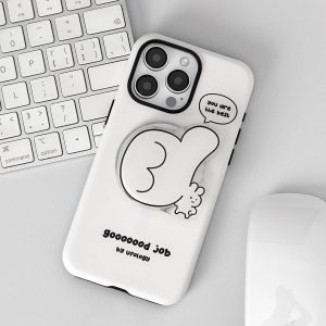 The case lying flat next to a keyboard and mouse, thumbs-up holder facing up