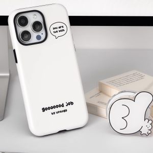 The case standing upright with the thumbs-up holder detached and propped beside it