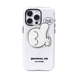 Good job iPhone case in plain white with a white thumbs-up magnetic holder attached