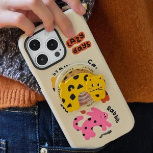 Off-white animal case held at the hip over blue jeans