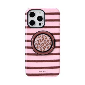Leopard iPhone case in pink and cocoa stripes with a leopard-print magnetic holder attached