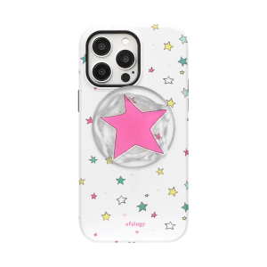Little stars iPhone case in white with colorful hand-drawn stars and a pink star magnetic holder
