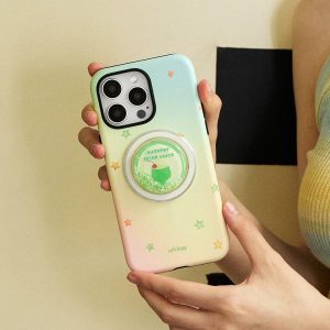 Melon soda case held in both hands with the green glitter holder at its center
