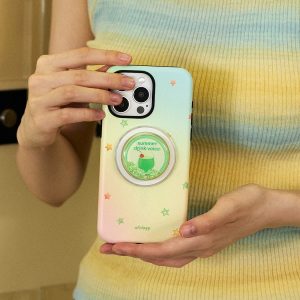 Mint and pink case held at chest height with the melon soda grip attached