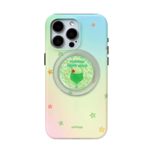 Melon soda iPhone case in a mint-to-pink gradient with a green glitter soda magnetic holder