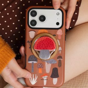 Mushroom iPhone case with hand-painted mushroom print and amber holder