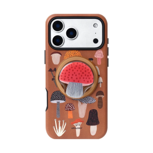 Mushroom iPhone case in terracotta with a red toadstool magnetic holder