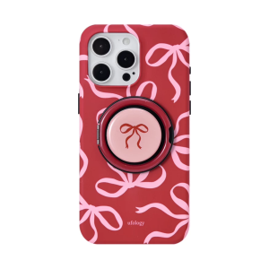 Pink bows iPhone case in deep red with pink ribbons and a bow magnetic holder