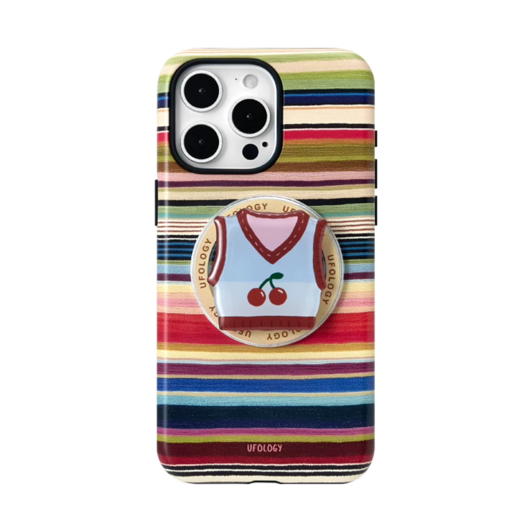 rainbow stripes iPhone case with MagSafe holder, upright rear view
