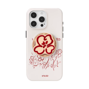 Red flowers iPhone case in bone white with a red line drawing and flower magnetic holder