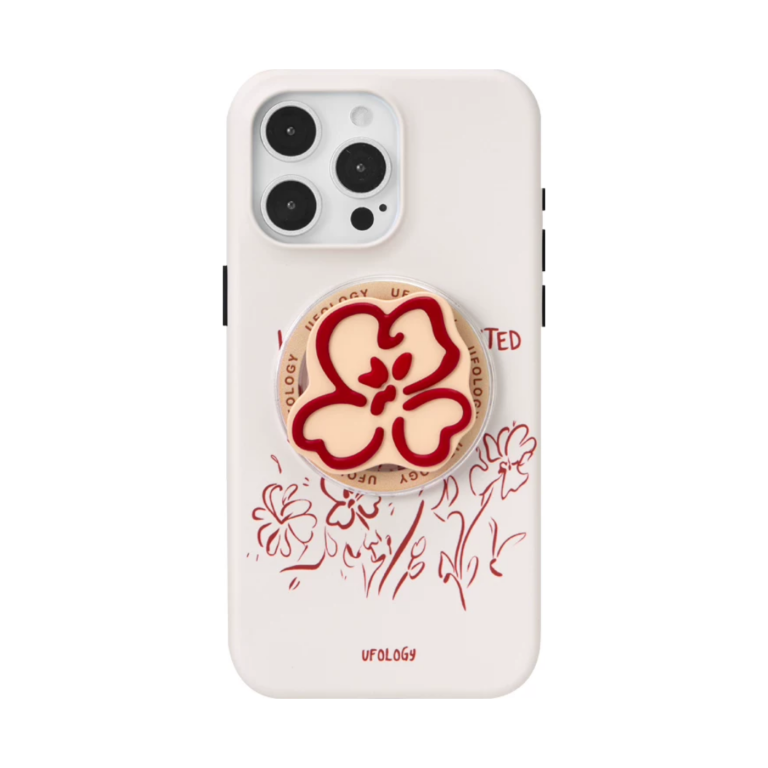 red flowers iPhone case with MagSafe holder, upright rear view