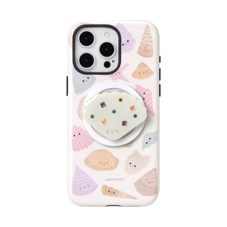 Seashells iPhone case in pale lilac with a gem-set cream shell magnetic holder attached
