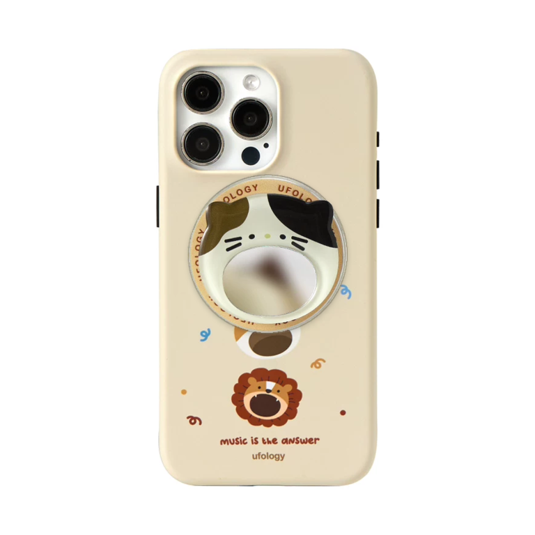 singing lion iPhone case with MagSafe holder, upright rear view
