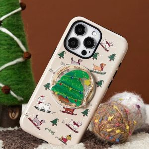 Skiing dog case leaning on a rug next to a wool bauble
