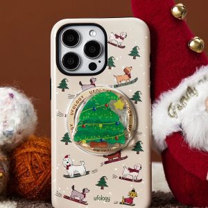 Winter dog case photographed beside a small Santa figure