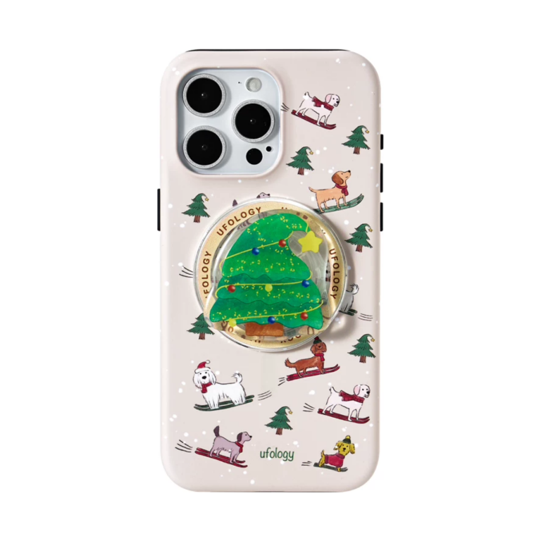 ski dogs iPhone case with MagSafe holder, upright rear view