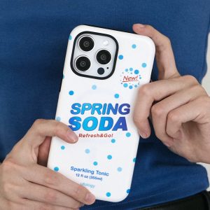 White soda-label case without its holder, showing the full blue SPRING SODA logo