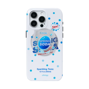 Spring soda iPhone case in white with blue bubbles and a clear soda-cap magnetic holder