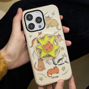 Cream cat-print case held in one hand, yellow star holder facing out