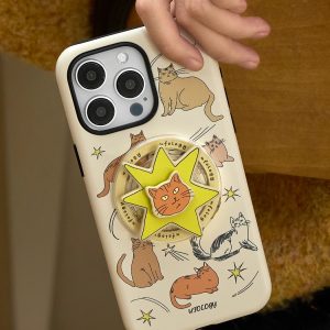 Close view of the cream case showing drawn cats and shooting stars