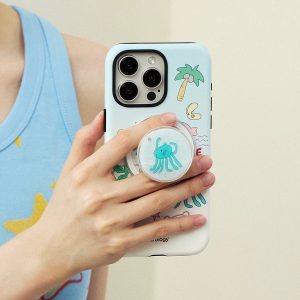 Hand gripping the blue beach-print case by its glitter octopus holder