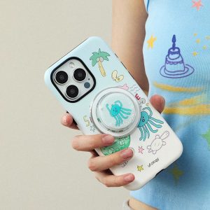 Summer octopus case tilted in one hand with the glitter holder facing out