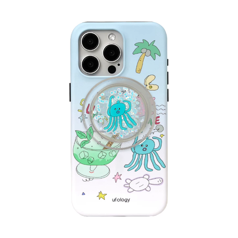 summer octopus iPhone case with MagSafe holder, upright rear view