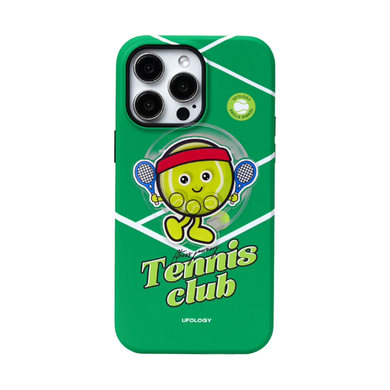 Tennis club iPhone case in green with a tennis ball character on the magnetic holder