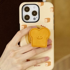 Toast iPhone case held by its toast-shaped magnetic grip
