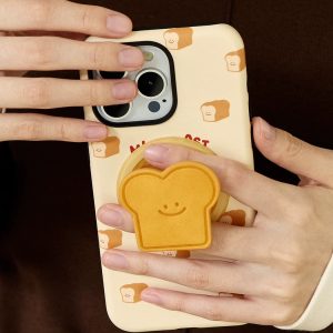 Toast iPhone case with bread-slice pattern held in both hands