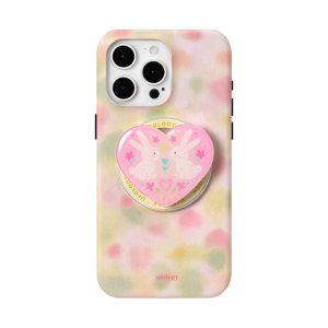 Two rabbits iPhone case in blurred pastel watercolor with a pink heart magnetic holder