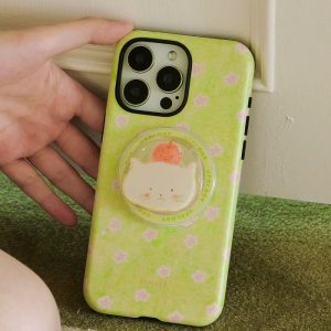 Apple cat grip on the back of a lime green floral phone case