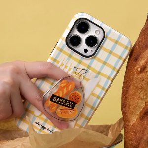 Bakery bag grip on the back of a yellow and blue check phone case