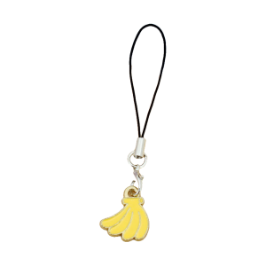 Banana phone charm, a small yellow enamel banana bunch on a short black cord loop