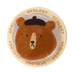 Beret bear MagSafe phone grip, a brown bear wearing a black beret on a round golden base